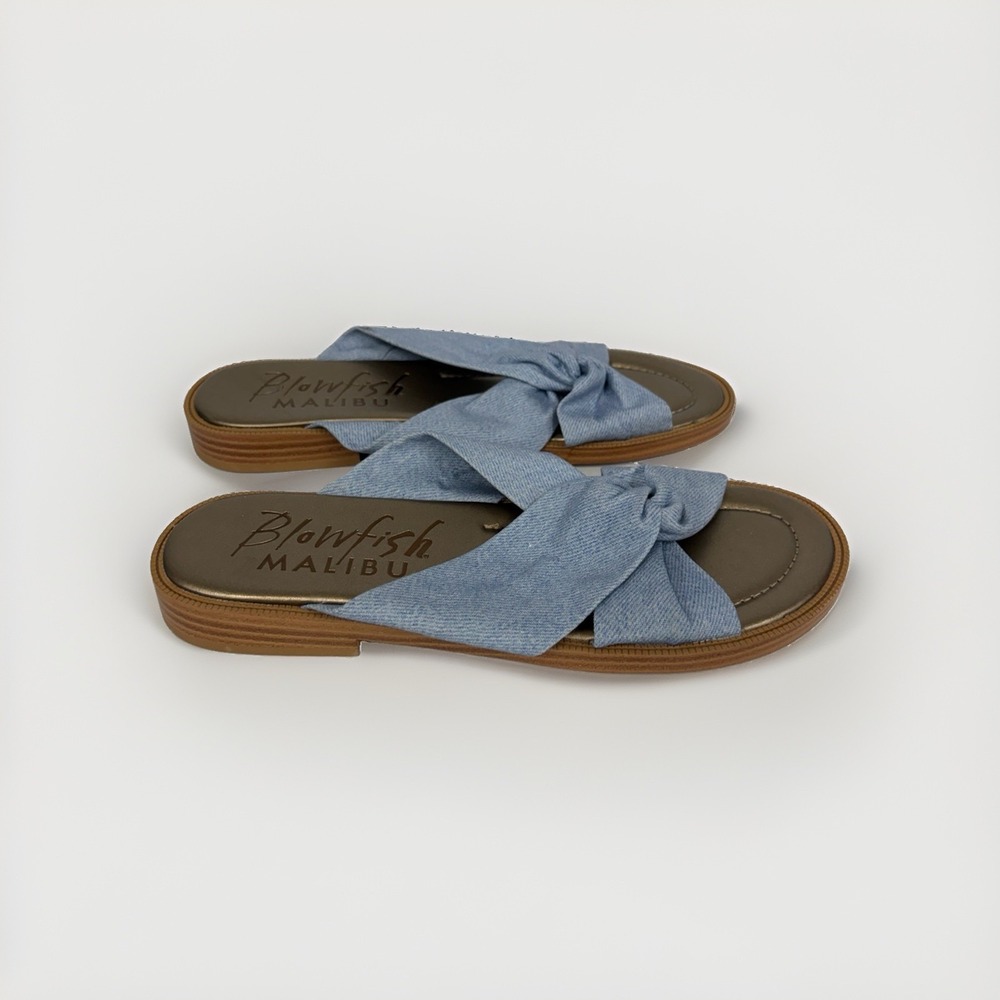 Blowfish Malibu Women's 9 Blue Bow Slide Sandals Flat Slip On summer shoes T7